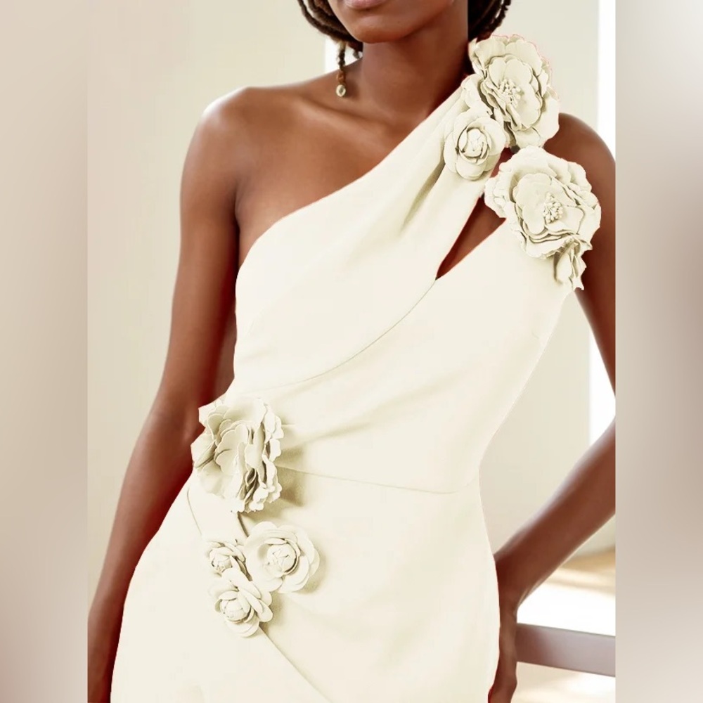 Fehaute 3D Floral One Shoulder Sheath Midi Dress - Cream